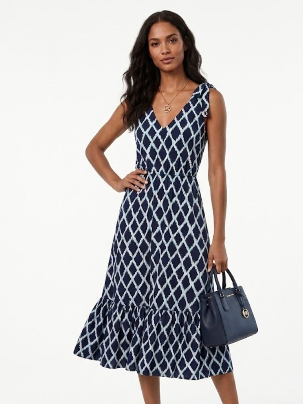 Michael Kors Navy blue teal/white Diamond Ikat sleeveless Midi Dress, sz S